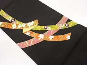 塩瀬金彩鬘帯に花葉・芝模様刺繍名古屋帯